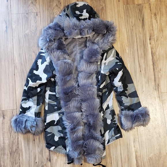 New Chic Women's Winter Faux Fur Hooded Parka Coat Puffer Camo Jacket - Picture 5 of 5